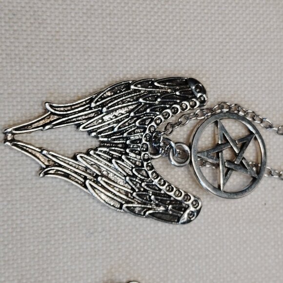 Silver Tone Pentagram Angel Wing Necklace 20" - Picture 5 of 6